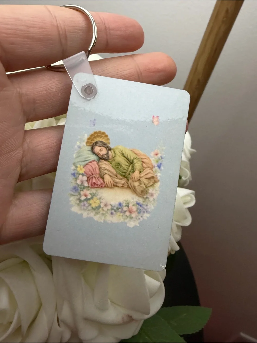 Religious Prayer Card Keychain in Pastel Blue